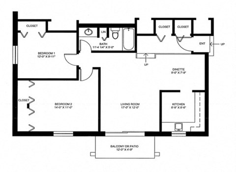 Floor plan for 1 bed, 1 bath, 724 sqft